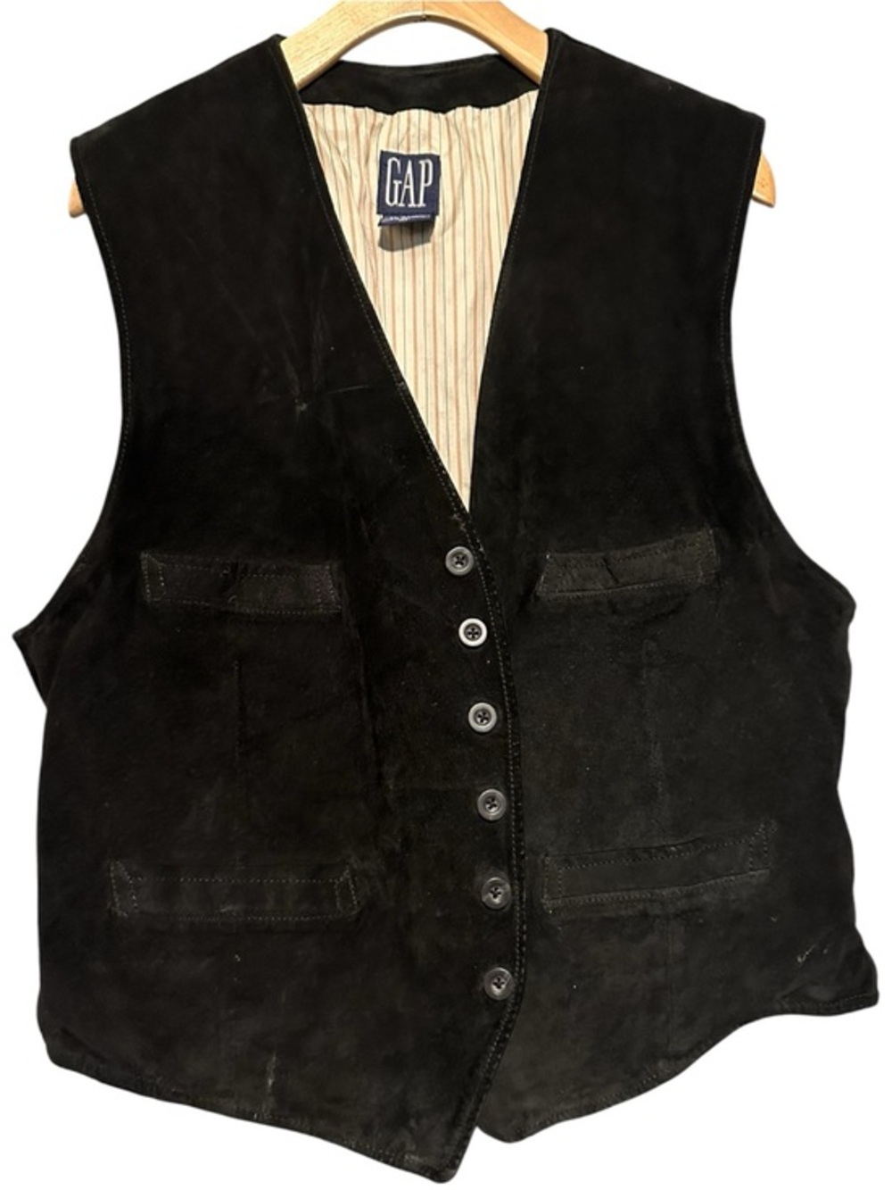 Gap Vintage Men’s Size XL Black Suede Leather Western Biker Stripe Lined Vest